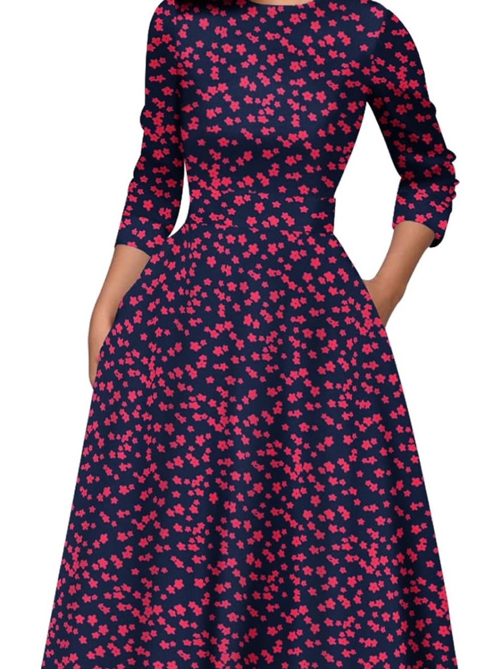 Women's Navy Blue Floral Midi Dress with Pink Print - Picture 1 of 10